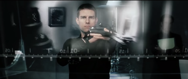 Frame from the Minority Raport movie with the main character who uses the interface of the future